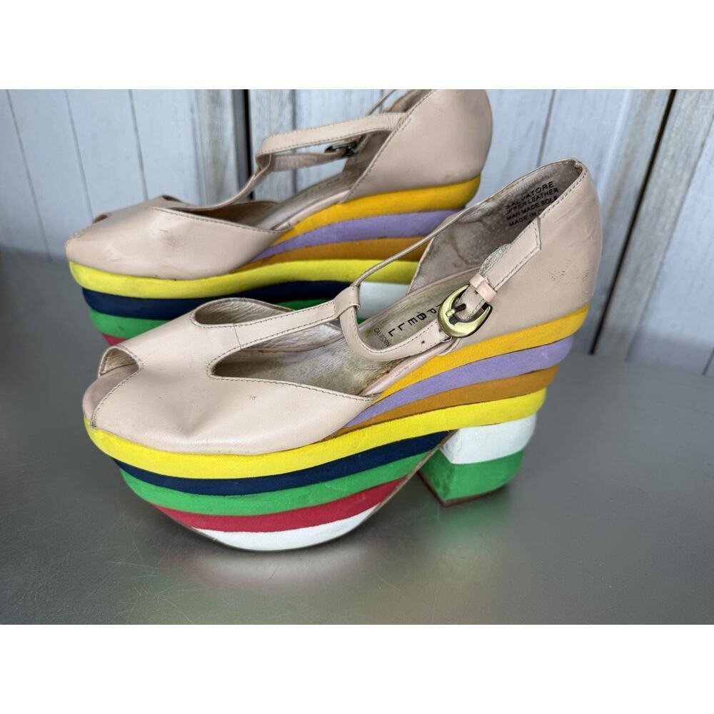 Jeffrey Campbell “Salvatore” Peep Toe Leather & Rainbow Platform Heels Sz 6 RARE - Picture 2 of 8